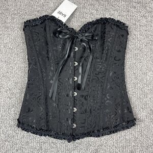 Vaacodor Corset Top Womens M Black Jacquard Lace Up Overbust Ruffle Goth Sexy